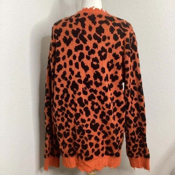 R13 Cashmere Sweater Orange Black Leopard Oversized Lg - Picture 4 of 12